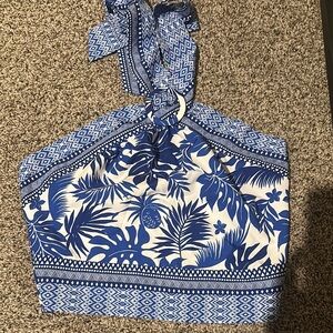Blue and White Tropical Print Halter Top